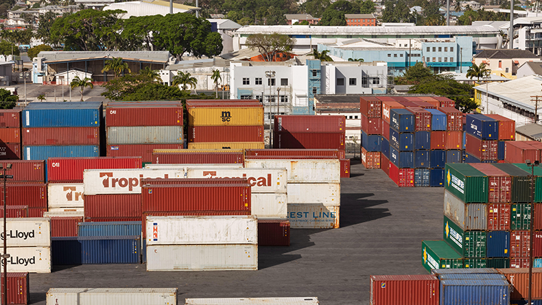 Bridgetown port, Barbados, West Indies with CMA CGM and Triton shipping containers