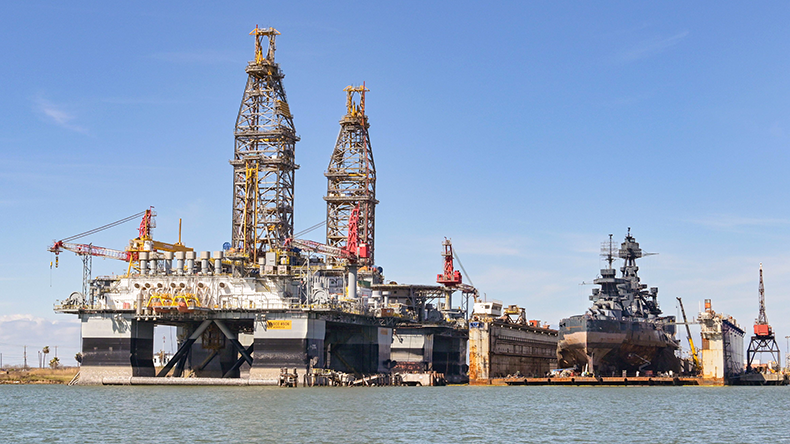 Galveston port in Texas, USA with oil rigs in the city's port for maintenance and repair