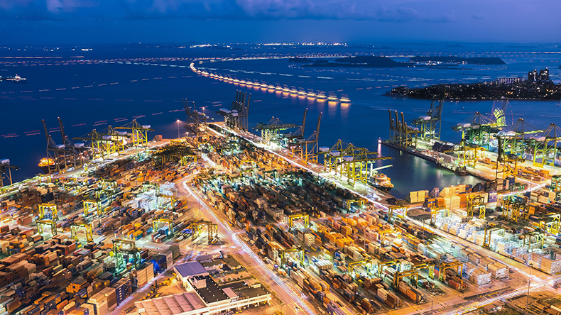 Tanjong Pagar port in Singapore at night