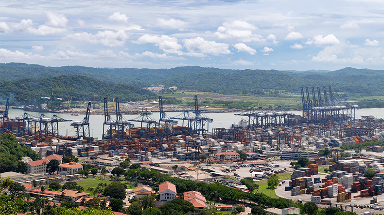 Aerial view of the Panama city skyline with the Balboa port