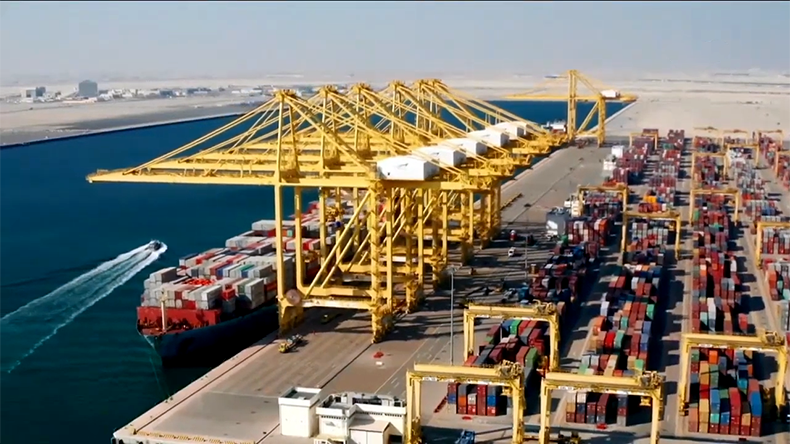 Overhead view of Hamad port with yellow cranes