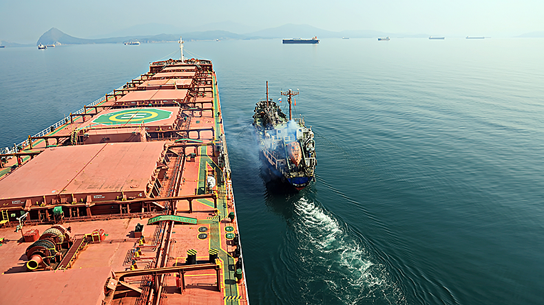 Bunkering of a ship on the open roadstead of the port of Nakhodka, Russia.