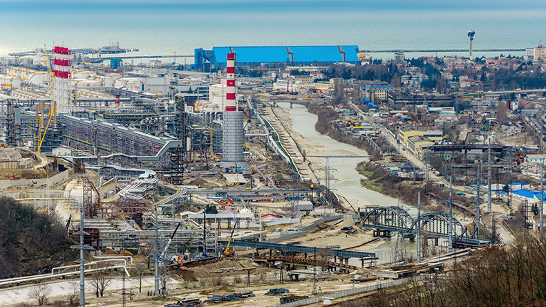 Russia, Tuapse, oil refinery and seaport, top view