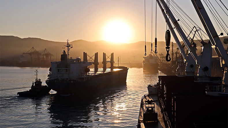 Sunrise views of the piers, terminal and coastline of the port of Vostochnyy, Russia in 2020