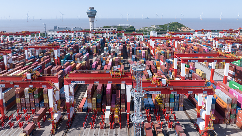 Aerial view of Shanghai Yangshan deepwater port which is a Industrial port with containers