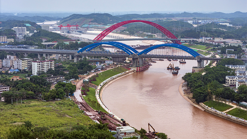 This aerial photo of construction on the Pinglu Canal in Qinzhou, in China's southern Guangxi region