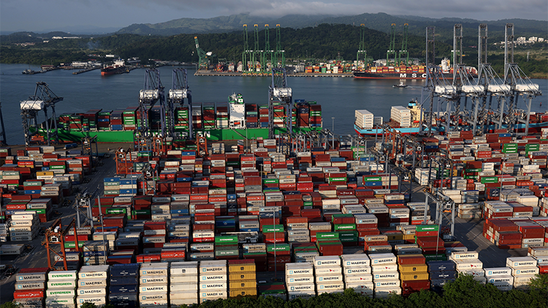 Aerial view, shipping containers sit stacked at the Port of Balboa on September 20, 2023 in Panama City, Panama