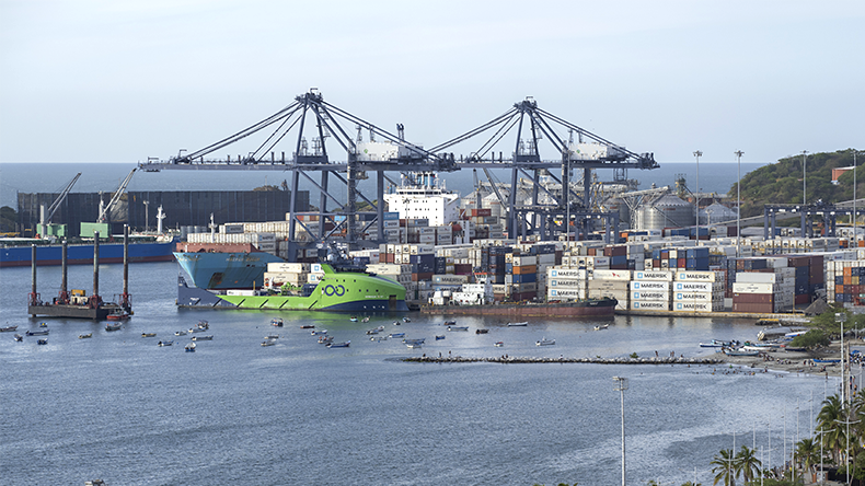 Aerial view of harbour and industry, on sunny day, Cartagena port