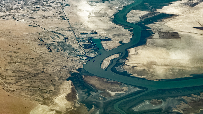 Aerial view of area around Umm Qasr, a port city located at Khawr Abd Allah estuary in southern Iraq in the border region with Kuwait