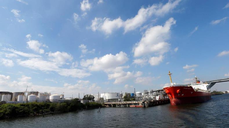 A ship is docked at the Westway Terminal along the Houston Ship Channel 