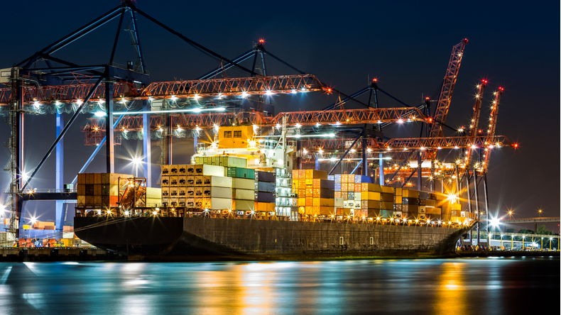 Port of New York and New Jersey at night with containership