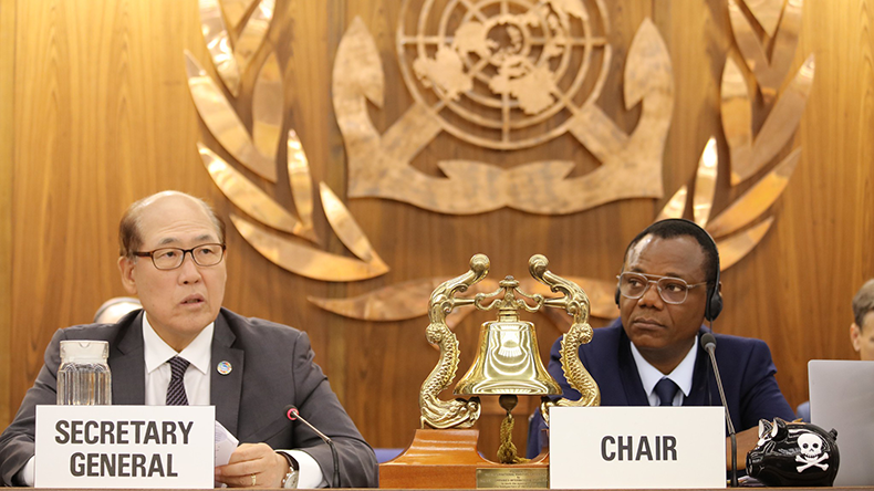 Kitack Lim secretary-general of the IMO (L) Opening of the 80th Session of the Marine Environment Protection Committee (MEPC) at IMO HQ (03/07/2023).