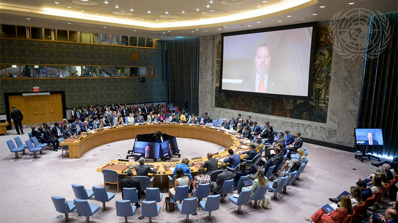 Arsenio Dominguez (on screen) Secretary-General of International Maritime Organization (IMO), addresses the Security Council open debate on the theme Maritime Security: prevention, innovation, and international co-operation to address emerging challenges