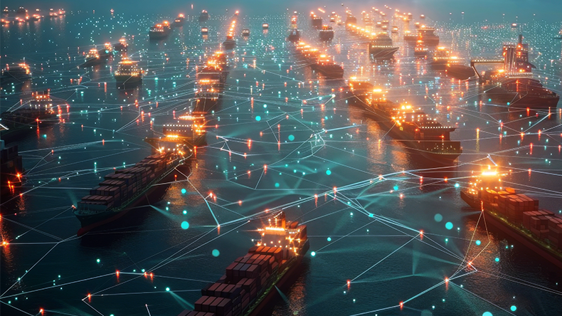 Detailed view of blockchain nodes overlaid with cargo ships and digital communication signals