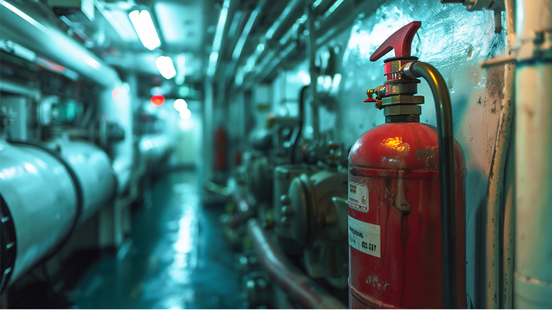 Fire extinguisher in corridor of cargo ship engine room