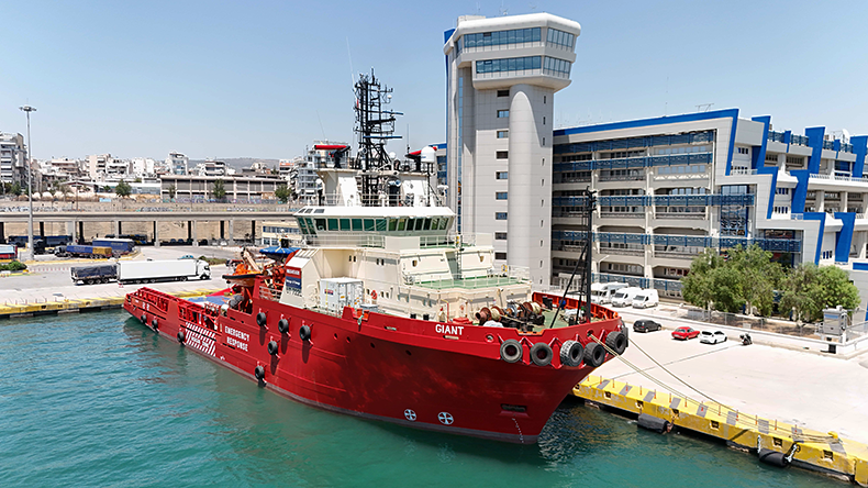 Megatugs' Giant in Piraeus in front of Greece’s ministry of shipping & island policy 