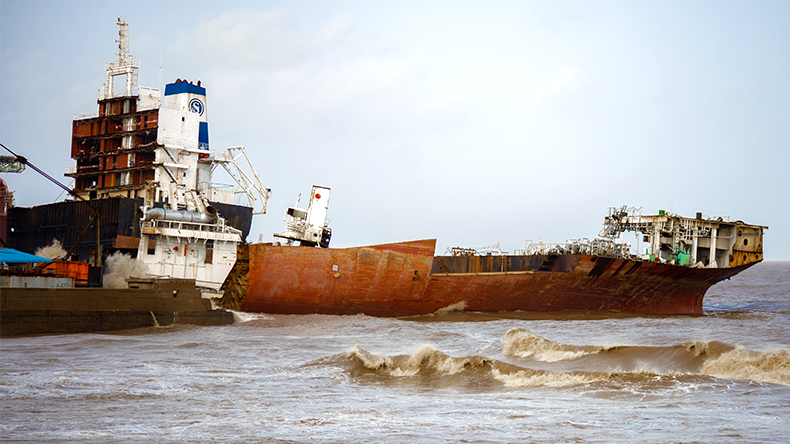 A ship docked for recycling at Alang Solang ship recycling yard, Gujarat India