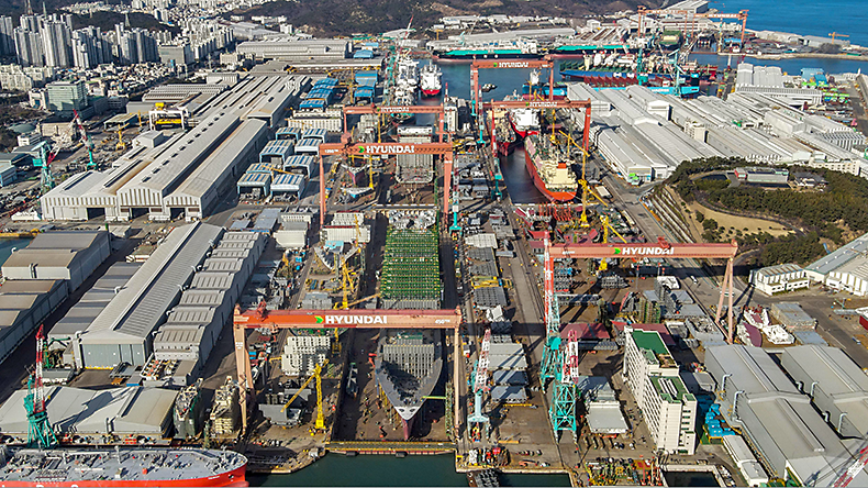 Aerial view of HD Hyundai Heavy Industries shipyard