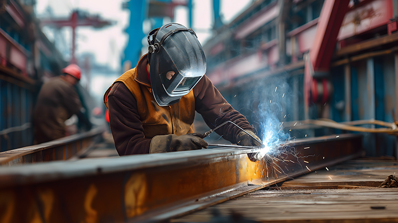 Chinese worker welding steel beams for ship construction