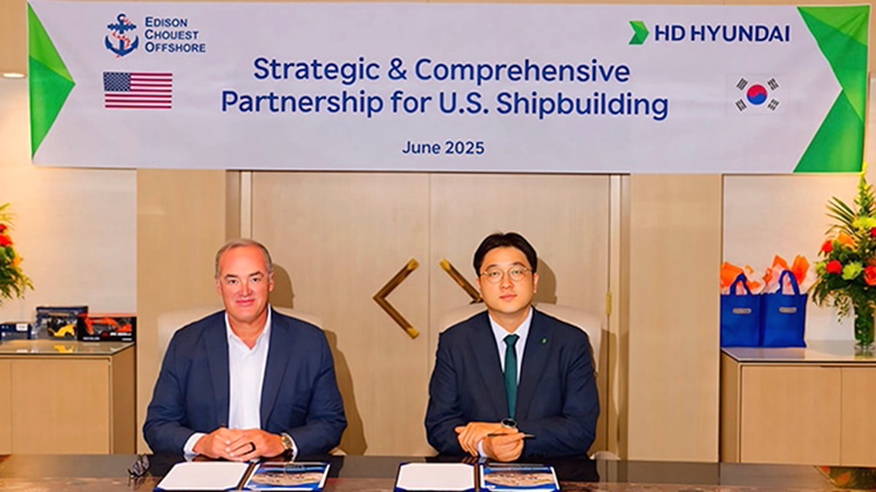 Hannae Choi, Vice President and Head of Corporate Planning Division at HD Korea Shipbuilding & Offshore Engineering (right), and Dino Chouest, Executive Vice President of ECO
