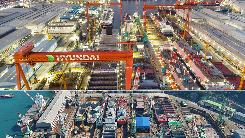 Overview of shipyards at HD Hyundai Heavy (above) HD Hyundai Mipo (below)