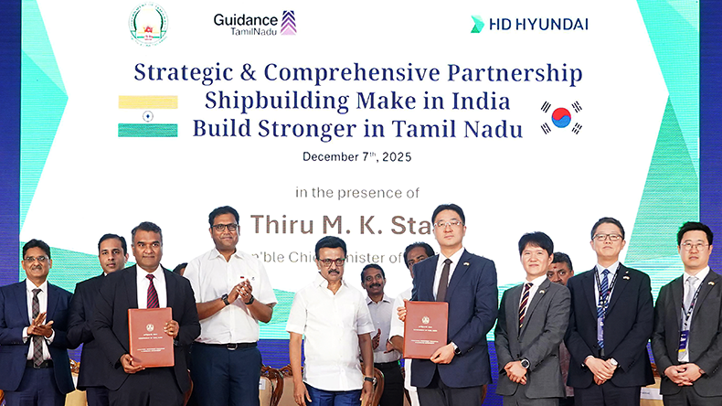 HD Hyundai has signed an exclusive agreement with Guidance Tamil Nadu for the construction of a new shipyard. (From left in the front row: Darez Ahamed, managing director and chief executive of Guidance Tamil Nadu; T.R.B Rajaa, Tamil Nadu Minister for Industries; M.K. Stalin, Chief Minister of Tamil Nadu; Choi Hannae, head of corporate planning at HD Korea Shipbuilding & Offshore Engineering)