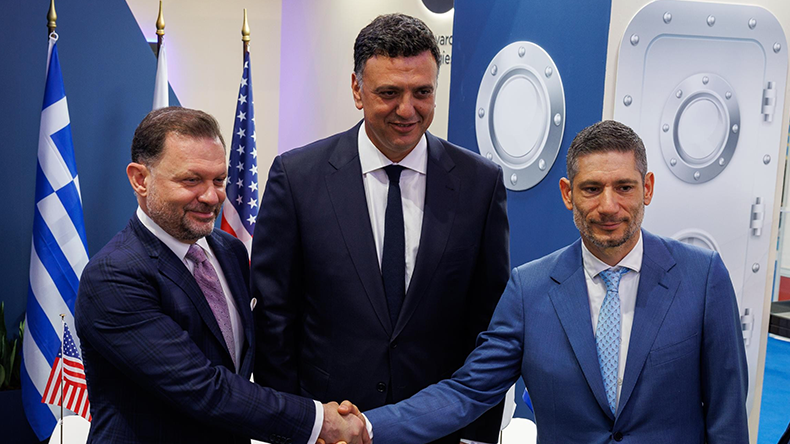 From left: Onex chief executive Panos Xenokostas, Greece's minister of shipping and island policy Vasilis Kikilias and Vyron Vasileiadis