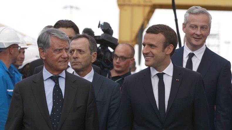 St Nazaire shipyard May 13 from left Gianluigi Aponte, President Macron, economy minister Le Maire