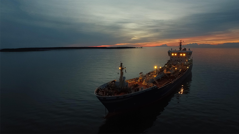 Oil tanker at night