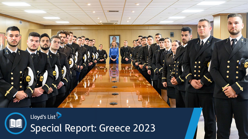 Melina Travlos, president of the Union of Greek Shipowners, with cadets at the UGS’s premises