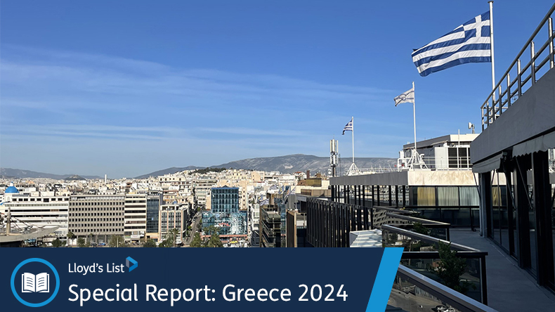 Greek flags atop shipping offices in the port of Piraeus