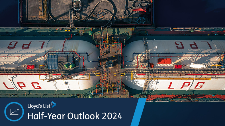 Aerial top down view of deck of LPG tanker ship