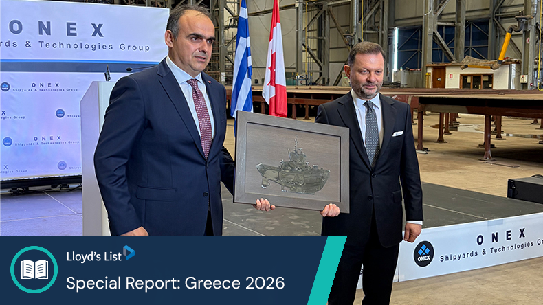 Megatugs co-owner Paul Xiradakis, left, and Onex chief executive Panos Xenokostas at a steel-cutting ceremony held at Onex Elefsis Shipyards in early April.