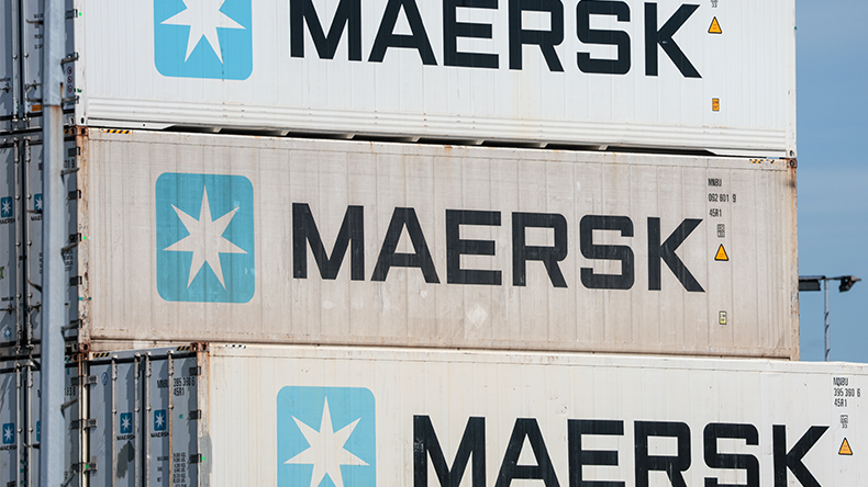 Maersk reefer boxes in a stack at a port