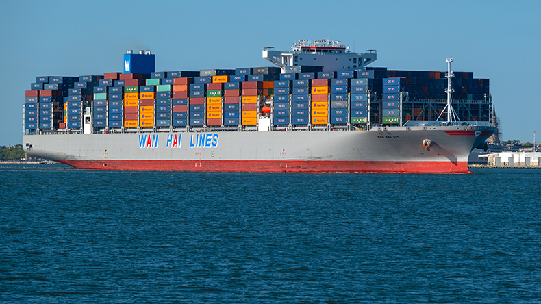 Containership Wan Hai A15 sails into Charleston Harbor, SC, US