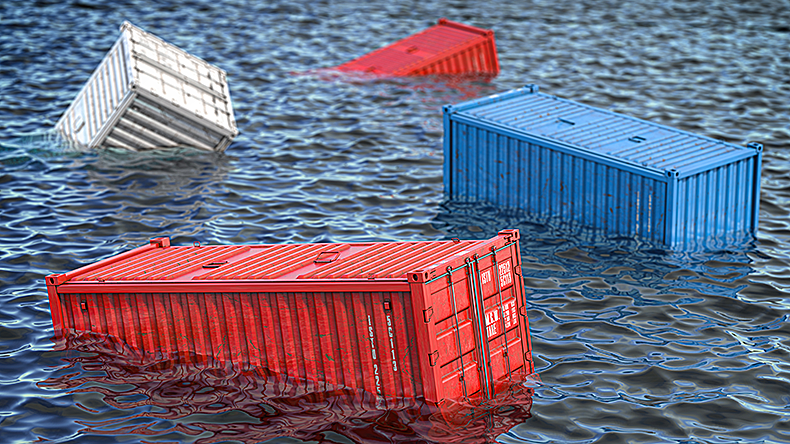 Shipping cargo container lost at sea. Cargo insurance concept.