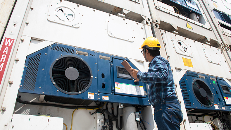 Reefer containers with man checking with smart device