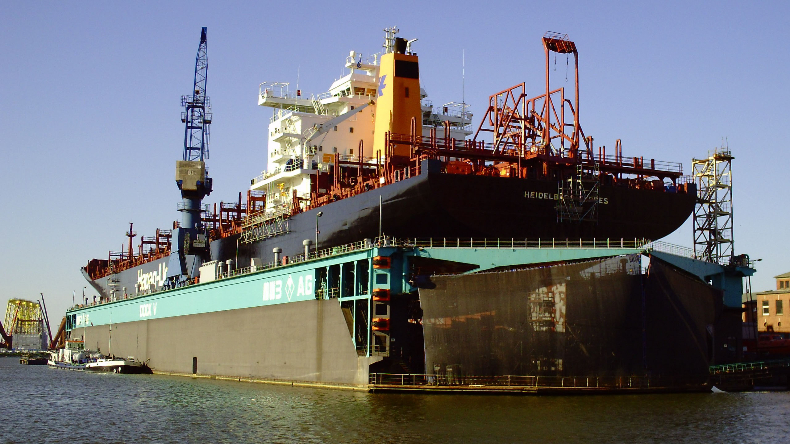 Containership in drydock