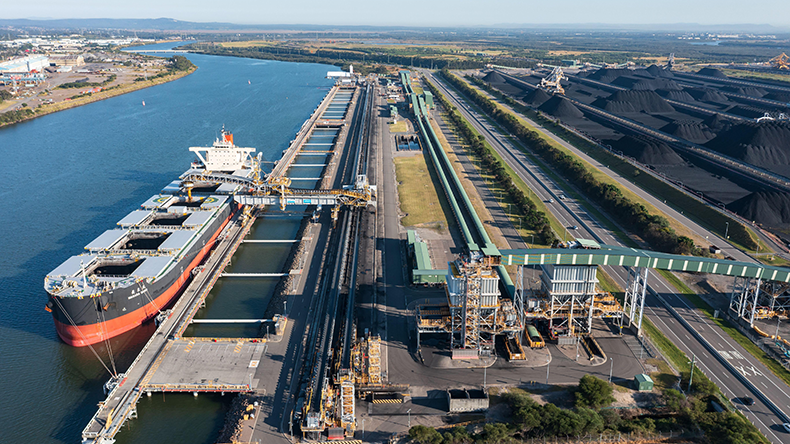 Newcastle, NSW, Australia. Aerial view of Japanese bulk carrier NAGARA MARU being loaded with coal