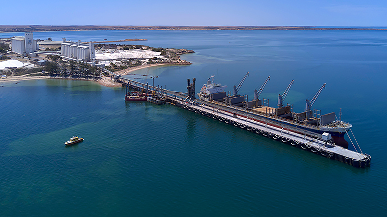 Bulk carrier ship berthed at Port Thevenard South Australia to load wheat
