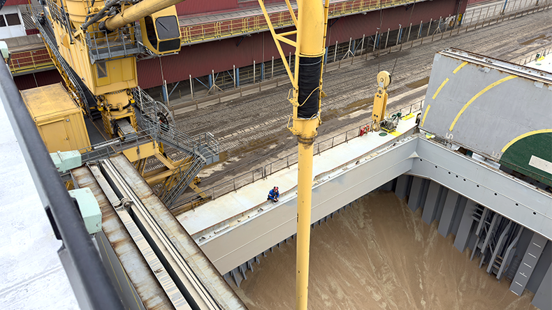 Discharging wheat from ship cargo compartment by vacuum unloader