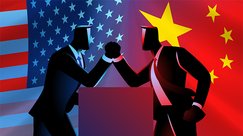 Two faceless businessmen arm-wrestling, representing the geopolitical tensions between the USand China trade, tariffs, and economic war