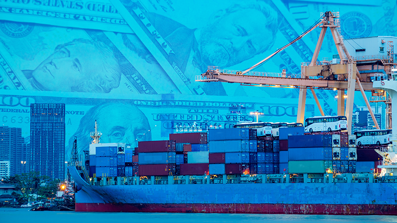 Logistics and transportation. Shipping port and containership loading with Dollar cash background