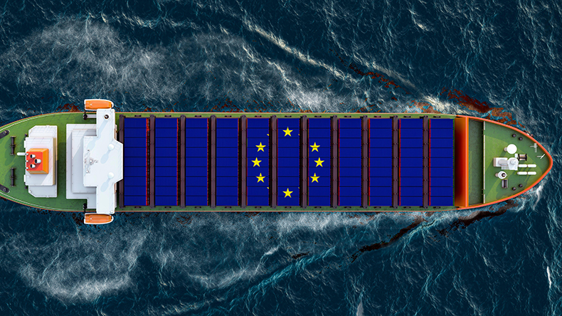 European Union flag on containership