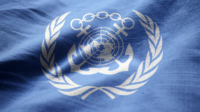 Close up of ruffled International Maritime Organization flag