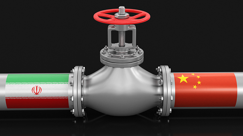 Iran and China flags on an oil pipeline