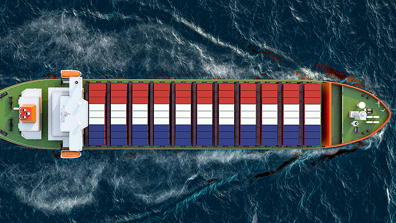 Ship with the Netherlands flag on containers sailing in ocean, 3D render