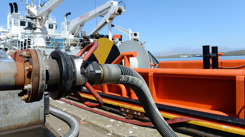 Ship bunkering and metering marine gas oil at Lerwick in Shetland