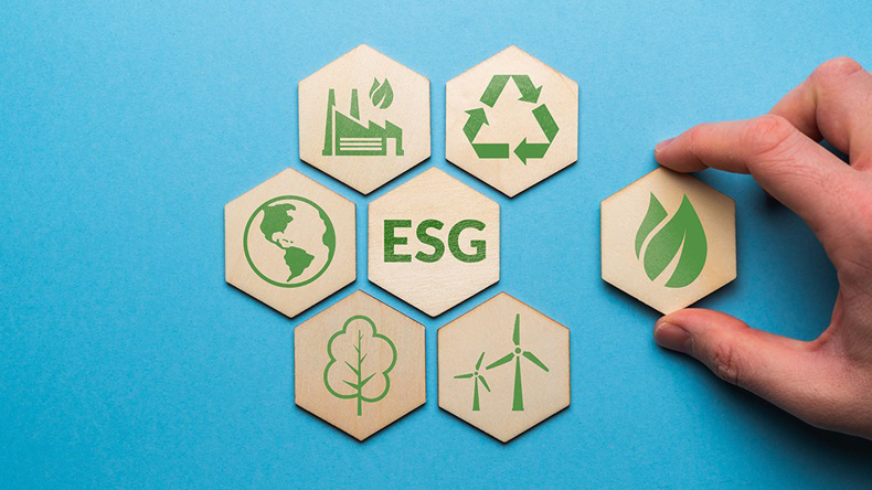 ESG or environmental social governance icons on hexagons coming together