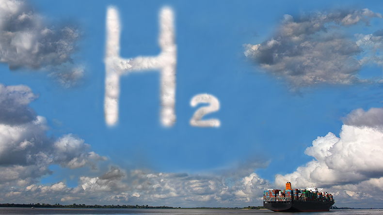 Hydrogen fuel H2 spelt out in clouds with a ship at sea 